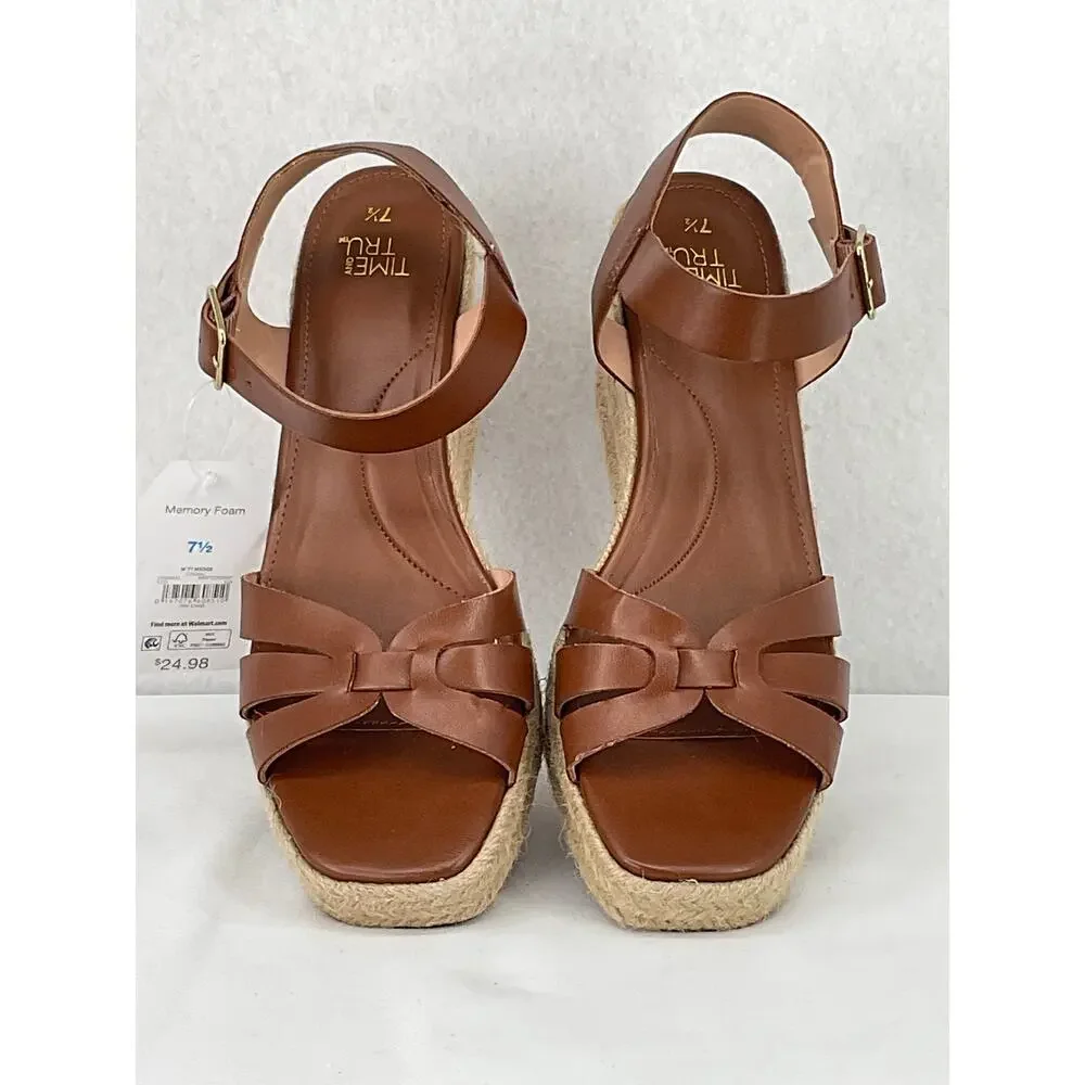 Time and Tru Cognac Espadrilles Ankle Strap Memory Foam Wedges NWT 7.5 - Picture 4 of 10